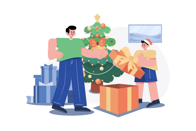 Kid Opening Christmas Gift Illustration
