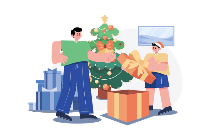 Kid Opening Christmas Gift  Illustration