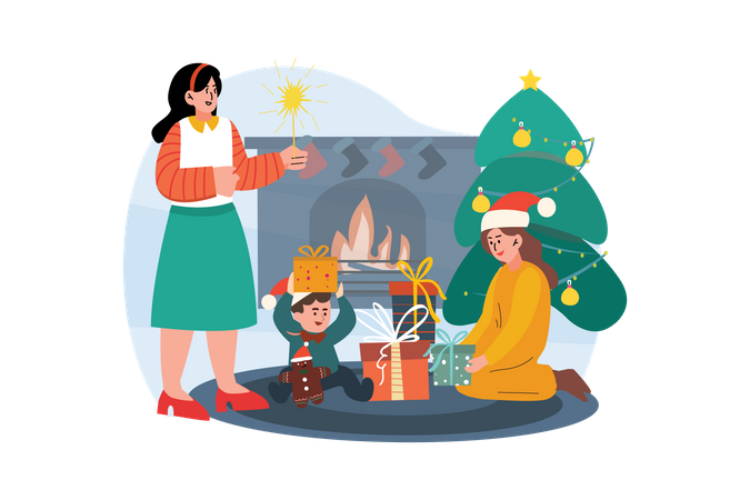 Kid Opening Christmas Gift  Illustration