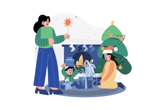 Kid Opening Christmas Gift  Illustration