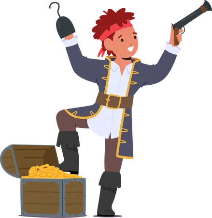 Kid Pirate Character Pint Sized Marauder Sports A Hooked Hand With A Treasure Chest Brandishes A Mini Flintlock Pistol Embodying Daring Adventures On The High Seas Cartoon Vector Illustration Illustration
