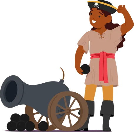 Young Adventurous Kid Pirate Character Stands Boldly Beside A Massive Weathered Cannon Gaze Fierce Ready To Defend Treasure Little Girl Play In Corsair Game Cartoon People Vector Illustration Illustration