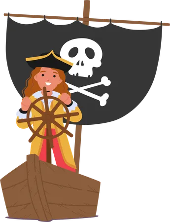 Kid Pirate Character Stands Defiantly At The Ship Helm Eyes Ablaze With Adventure Steering Towards Unknown Seas With Dreams Of Treasure And Glory In The Heart Cartoon People Vector Illustration Illustration