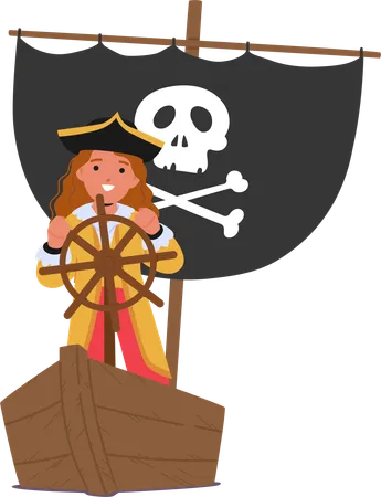 Kid pirate is standing defiantly at the ship helm  Illustration