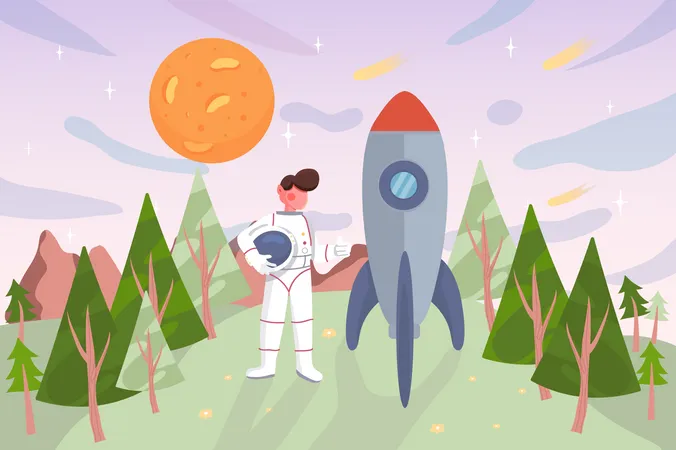 Kid Playing Astronaut At Forest Background Boy In Spacesuit Stands Near Spaceship Nature Scenery With Green Trees Mountains And Planet And Stars In Sky Vector Illustration In Flat Cartoon Design Illustration