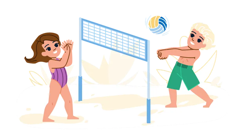 Beach Volleyball Kid Vector Sport Ball Summer Holiday Play Volley Flat Sea Family Group Beach Volleyball Kid Character People Flat Cartoon Illustration Illustration
