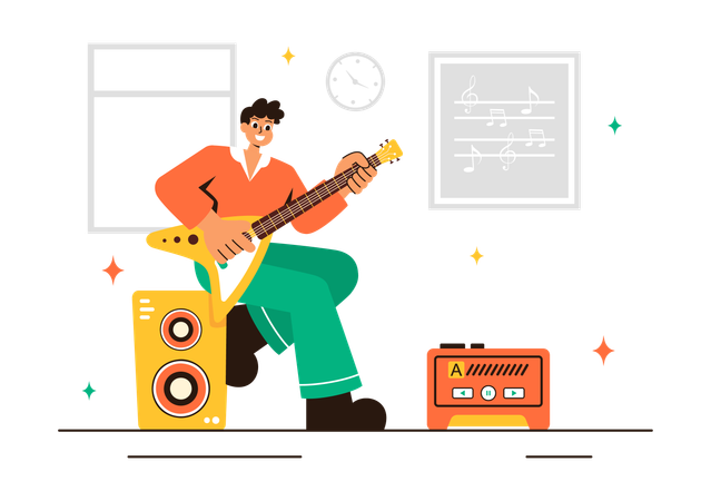 Kid playing guitar in Music School  Illustration