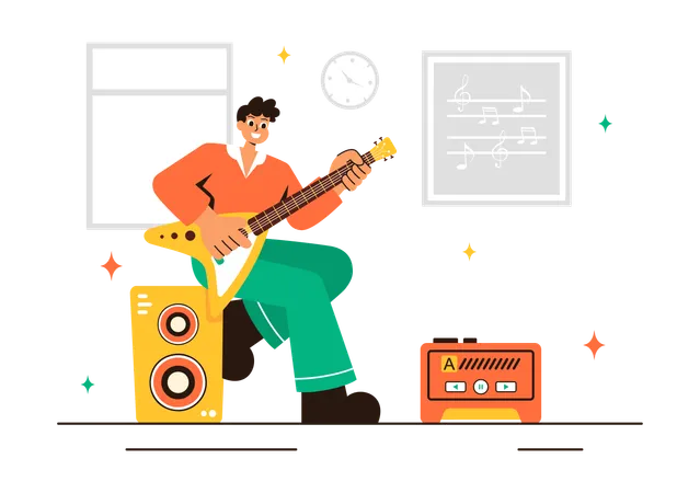 Kid playing guitar in Music School  Illustration