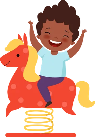 Kid playing on toy horse Illustration