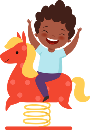 Kid playing on toy horse  Illustration