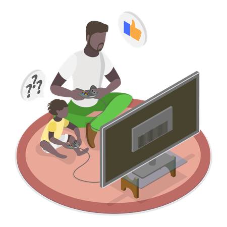 Kid playing video game with dad  Illustration