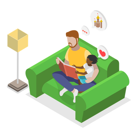 Kid playing video game with dad  Illustration