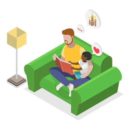 Kid playing video game with dad  Illustration