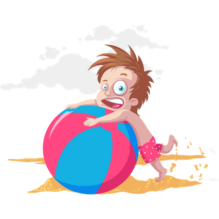 Kid playing with big ball on beach Illustration