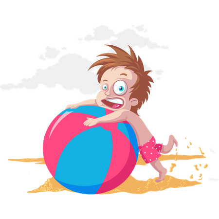 Kid playing with big ball on beach  Illustration