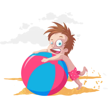 Kid playing with big ball on beach  Illustration