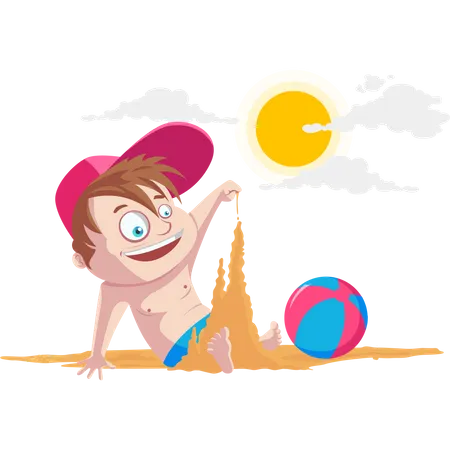 Kid playing with sand at beach Illustration