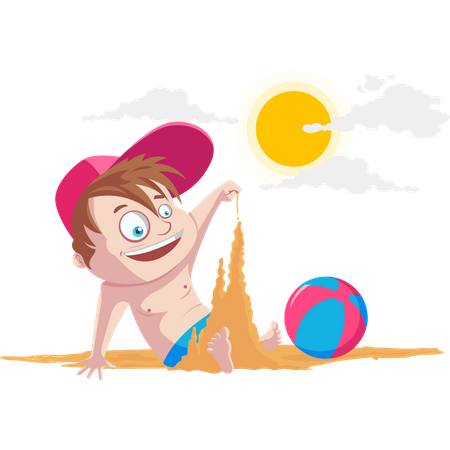 Kid playing with sand at beach  Illustration