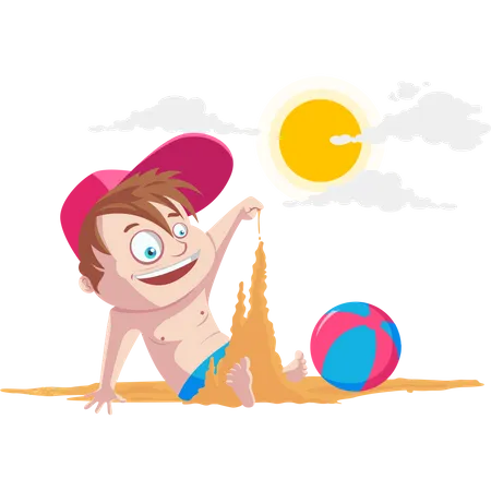 Kid playing with sand at beach  Illustration