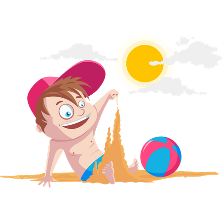 Kid playing with sand at beach  Illustration