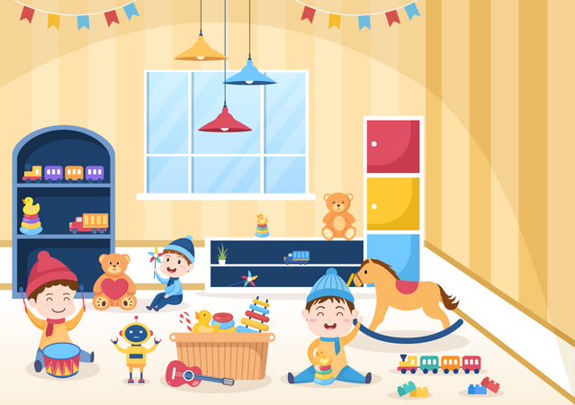 Kid Playing with Toy at Kindergarten  Illustration