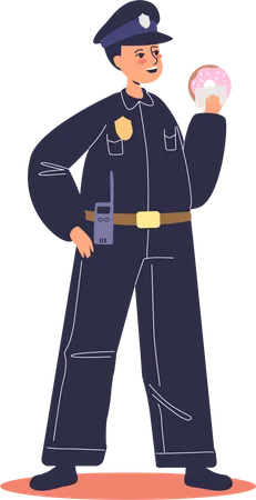 Kid Policeman Small Boy Child In Uniform Holding Donut Work As Police Officer Children And Different Professional Occupation Concept Cartoon Flat Vector Illustration Illustration