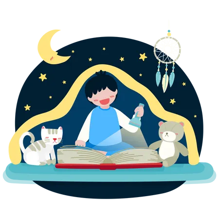 Kid reading book before sleeping  Illustration