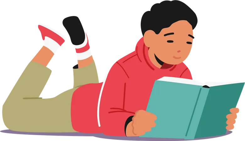 Kid reading book while lying on floor  Illustration