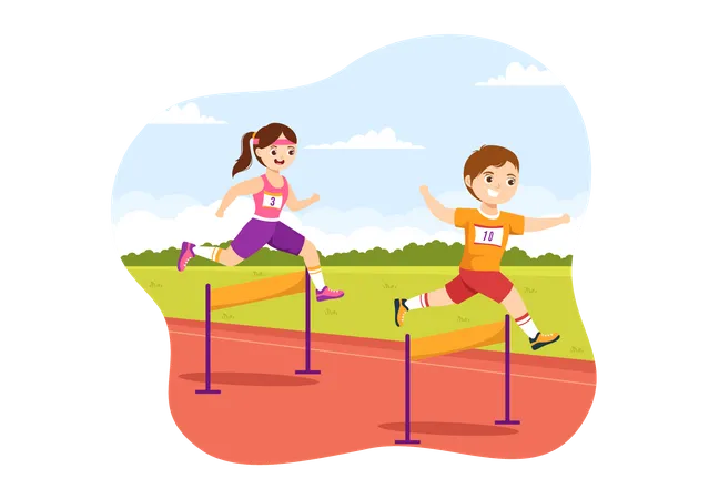 Kid running in hurdle race Illustration