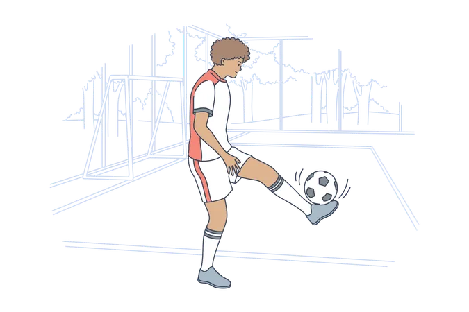Kid soccer player kicking ball on field  Illustration