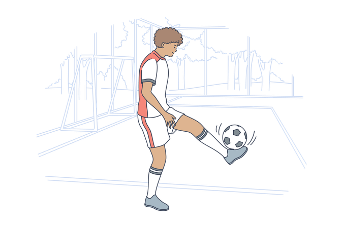 Kid soccer player kicking ball on field  Illustration