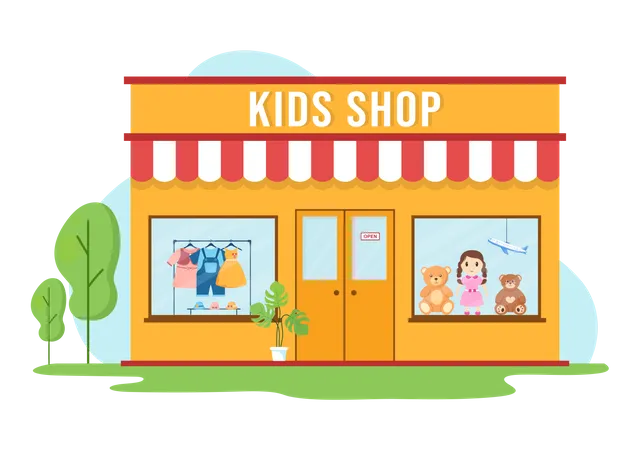 Kids Shop Building Template Hand Drawn Cartoon Flat Style Illustration With Children Equipment Such As Clothes Or Toys For Shopping Concept Illustration
