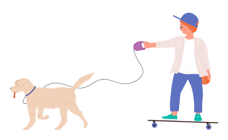 Kid Walking Dog On Leash And Skateboarding Vector Illustration Cartoon Active Boy Playing With Cute Puppy On Green City Park Child Riding Skateboard Background Outdoor Activity Sports Concept Illustration