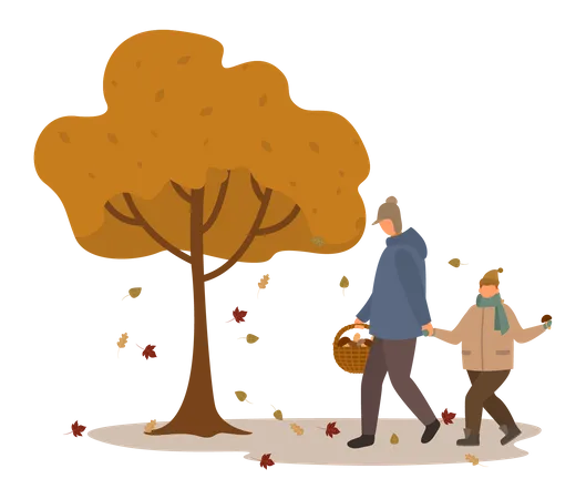 Kid walking with father in autumn park Illustration