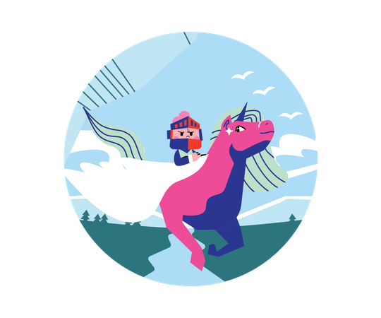 Kid Warrior flying on Unicorn  Illustration