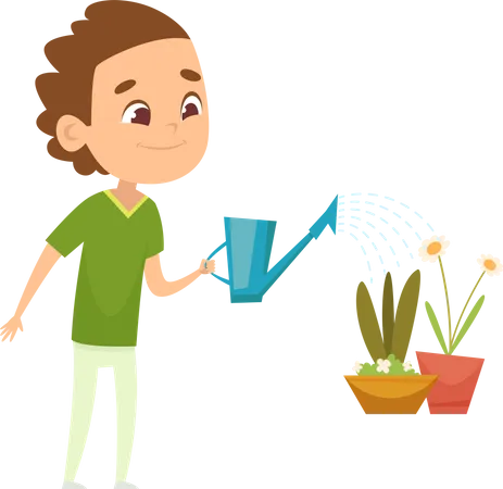 Kid watering plants at home Illustration