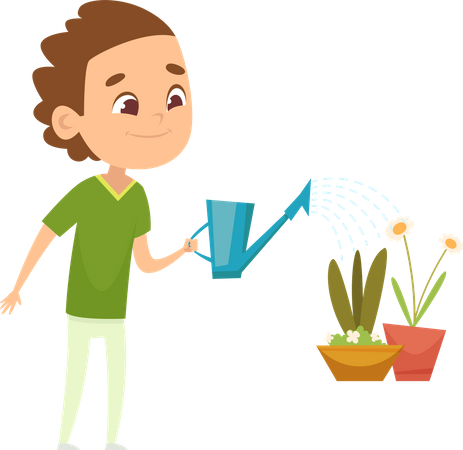 Kid watering plants at home  Illustration