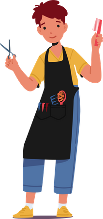 Kid Wear Apron with Comb and Scissors in Hands Illustration