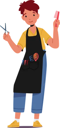 Kid Wear Apron with Comb and Scissors in Hands  Illustration