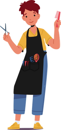 Kid Wear Apron with Comb and Scissors in Hands  Illustration