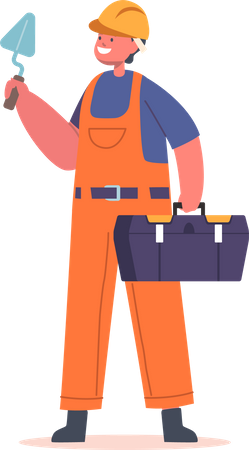 Kid Wear Builder Suit Holding Toolbox and Trowel  Illustration