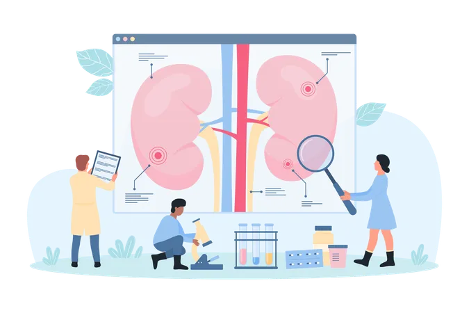 Kidney Disease Nephrology Vector Illustration Cartoon Tiny Doctors Study Science Infographic Diagram Of Human Kidney With Magnifying Glass Nephrologists Research Patients Physiology And Symptoms Illustration