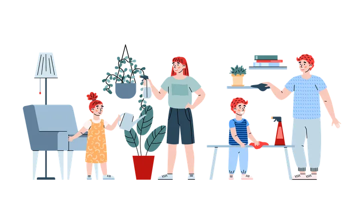 Kids and parents together doing daily household chores in home  Illustration