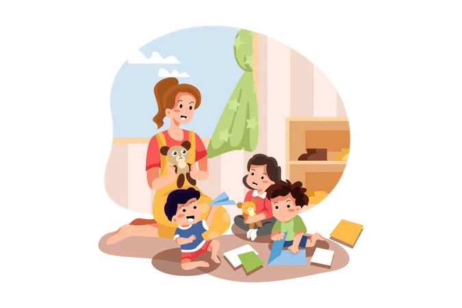 Kids and player playing in playschool  Illustration