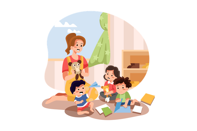 Kids and player playing in playschool  Illustration