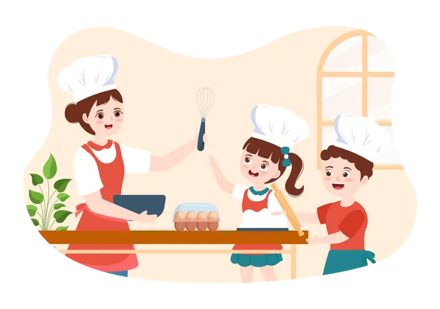 Kids and Teacher in a Class Learning cooking Illustration
