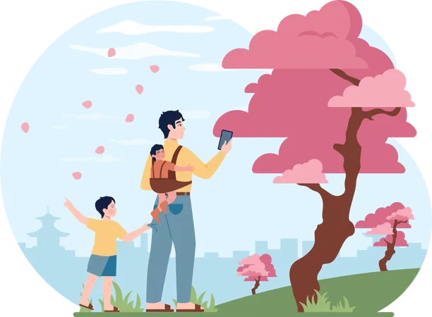 Kids and their father goes on hiking  Illustration