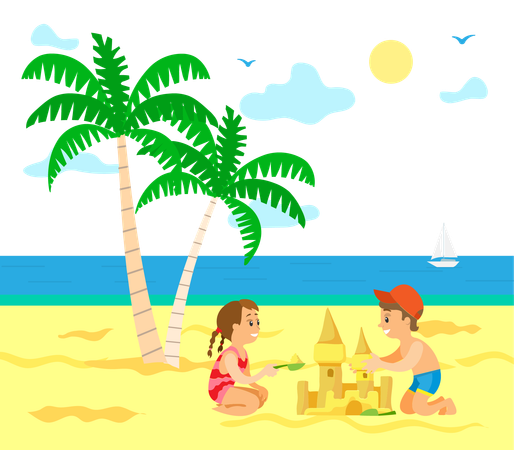 Kids are building castle at beach  Illustration