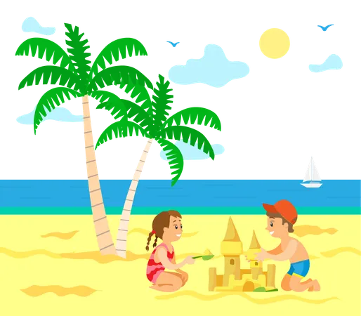 Kids are building castle at beach  Illustration