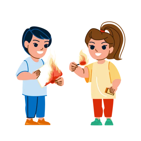 Kid Fire Play Vector Danger Home Girl Boy Safety Together Little Youth Matches Kid Fire Play Character People Flat Cartoon Illustration Illustration